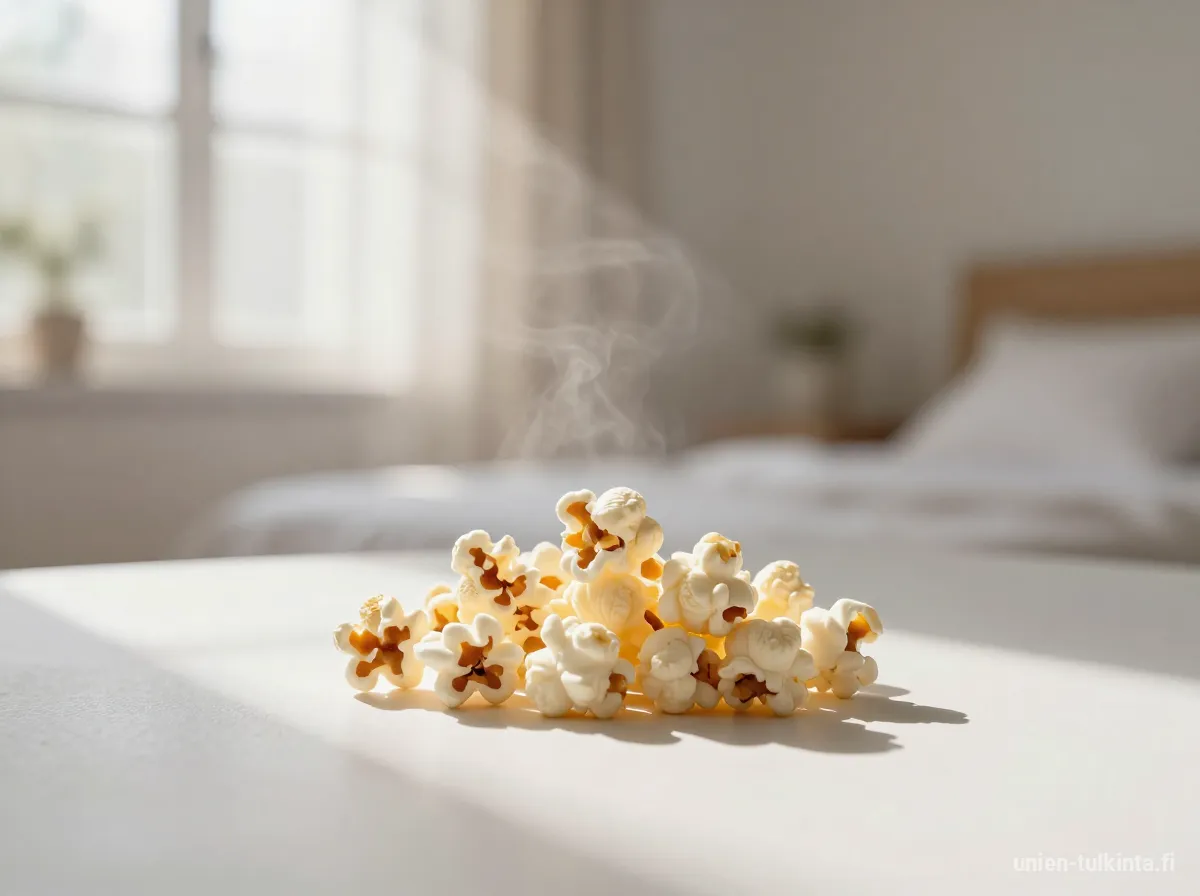 Uni popcornista makuhuoneessa, symboloi puhdistumista ja uusia alkuja.